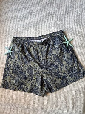 Columbia Navy & Tan Fish Printed Swim Trunks, 3 Pockets, Lined, XL NWOT